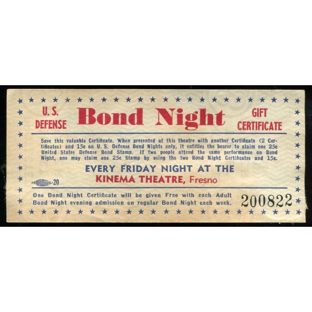 Vintage 1941 US Defense Bond Night Ticket Fresno CA Kinema Theatre